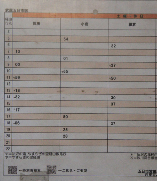 武蔵五日市駅発のバスの登山用の時刻表