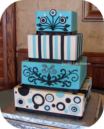Aqua Blue Black and White Retro Wedding Cake