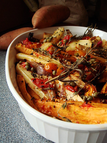 Roasted Parsnips & Sweet Potatoes with Caper Vinaigrette