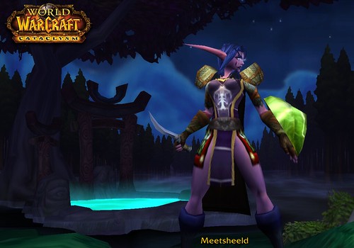 A night elf warrior, named Meetsheeld, stands in a forest in front of a shallow glowing pool, holding a sword and shield. She has light purple skin, long blue hair, long pointed ears, and is wearing a tabard, pauldrons, gloves, and what appears to be a loincloth in lieu of pants.