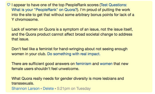 What Quora really needs for gender diversity is more lesbians and transsexuals.