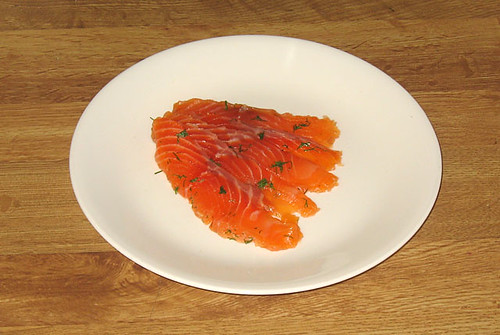 Gravlax, sliced and plated