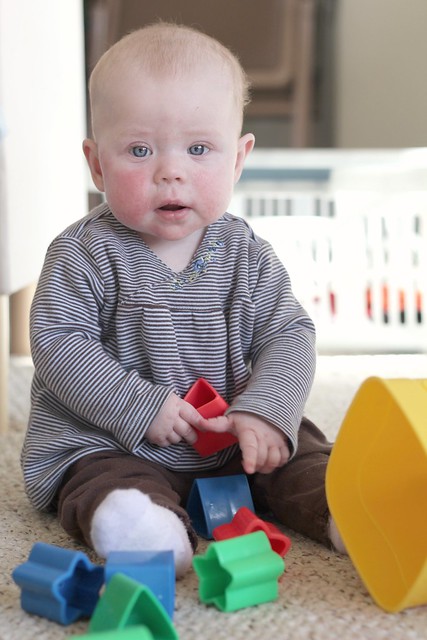 Lucy sitting and playing with her blocks