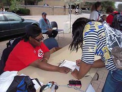 Tomeka Cooley of CWA Local 4322 works a petition drive to overturn Ohio’s new anti-union law.