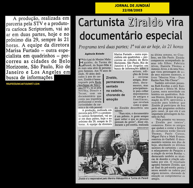 "Cartunista Ziraldo vira documentário especial" - Jornal de Jundiaí - 22/08/2003