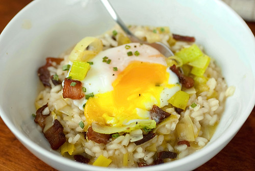 Bacon Leek Risotto with a poached egg