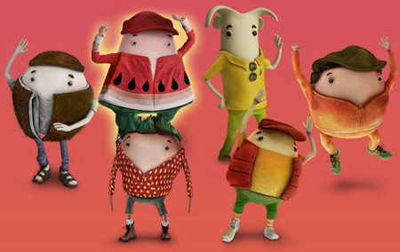 Pink background with six computer-animated fruit characters. Clockwise, they are a coconut, a watermelon, a banana, a peach, a mango and a strawberry; each has a face/body in the shape of the fruit they represent, two little black-and-white eyes focused on the camera, and clothes in the colors and patterns of their fruit. Tiny, human-like limbs wave and give thumbs-ups, as a group of human friends might in a picture.