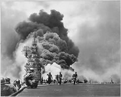 USS BUNKER HILL hit by two Kamikazes in 30 seconds on 11 May 1945 off Kyushu. Dead-372. Wounded-264., 1943 - 1958