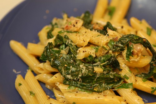 Penne with Spinach, Bacon, Shallots, and Cream