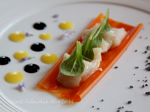 The fillet of flounder (raw) on the leaf of carrot with baby ruccola on top and reduction of acceto balsamico and tangerine juice. Vulcanic salt on the side...