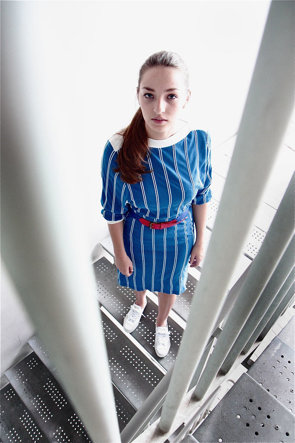 1970s striped long-sleeved dress; 1980s stretchable blue/red belt; Feiyue Lo White/Blue/Red Canvas sneakers
