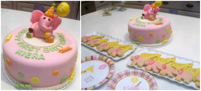 elephant and girafe cake for girls 1st birthday party