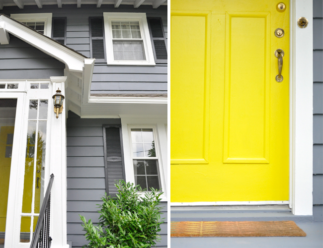 slate grey + charcoal grey shutters + bright white trim + yellow door (of course)