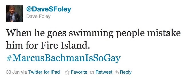 Screenshot of a tweet from Dave Foley's Twitter account, stating When he goes swimming, people mistake him for Fire Island with the hashtag Marcus Bachmann is So Gay, all one word. It was sent on June 30th on Twitter for Ipad.