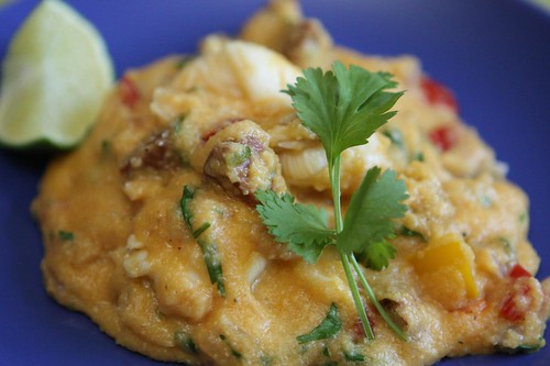 Creamy Lobster Polenta with Chorizo, Peppers, and Cilantro