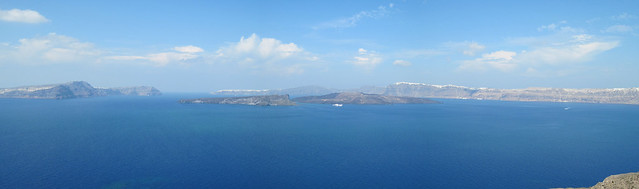 The view of the caldera on Santorini, taken from the south of the island near Akrotiri, looking north. In the centre of the caldera are the Kamini islands. These are the most recent lava flows and vents. 