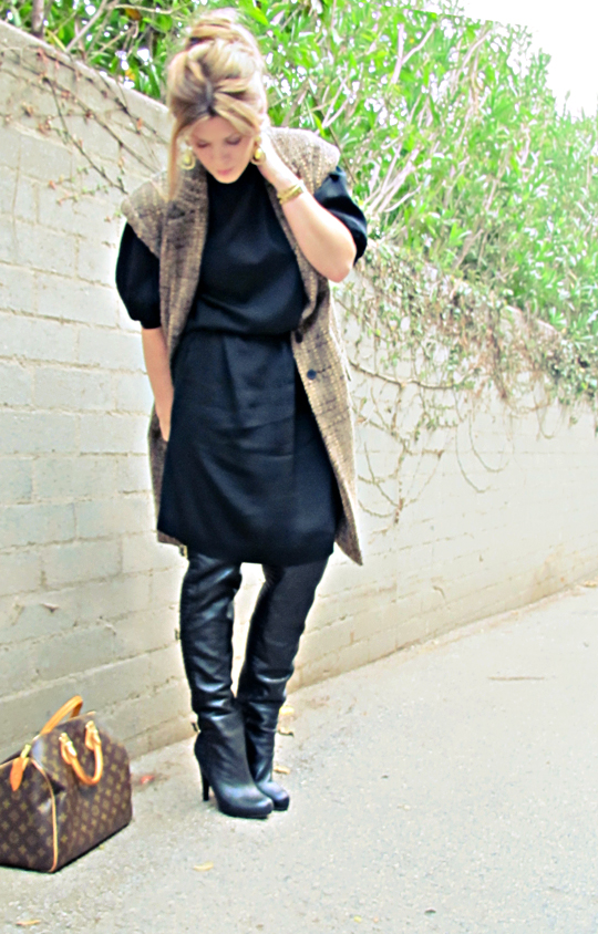 black vintage dress with over the knee black boots and sleeveless coat+tones