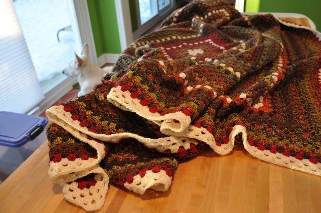 Dec. 28-Giant Granny Square done-63 x 69 inches in Jojoland Rhythm 100% wool, color # M24 and 002 (natural white)-4