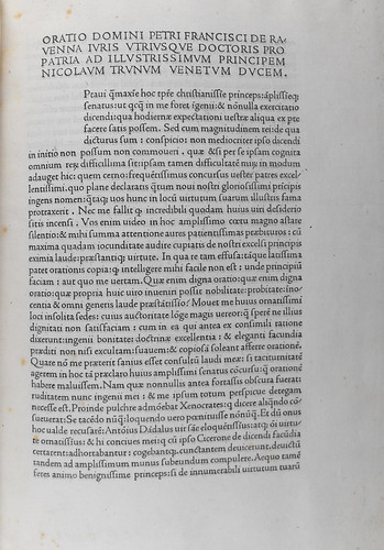 Beginning of Petrus Franciscus Ravennas: Oratio pro patria ad illustrissimum principem Nicolaum Tronum