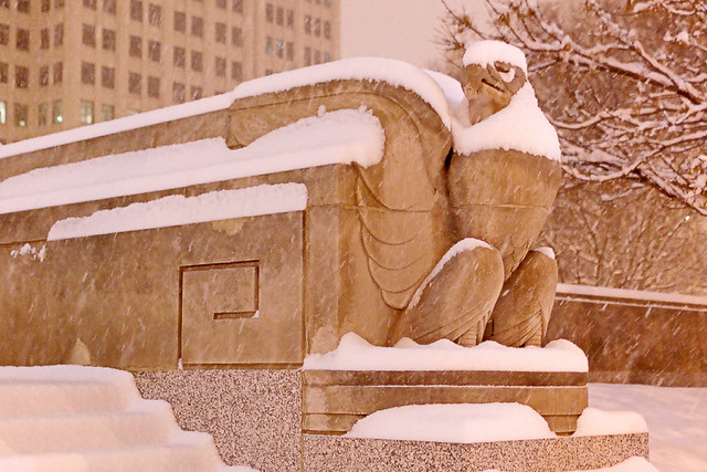 Soldiers Memorial, in downtown Saint Louis, Missouri, USA - eagle, at night in the snow