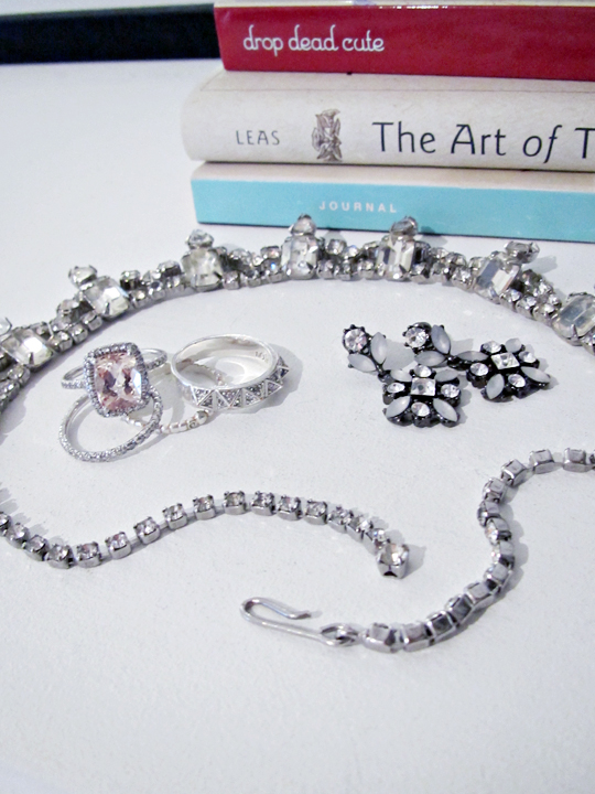 vintage rhinestone necklace+wedding and engagement rings+studded pave ring+stacking rings+the art of thank you book