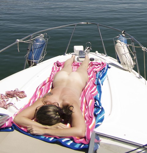 woman naked nude public picture pics: tattoo, butt, naked, nude, sunbathing, nudist, boat