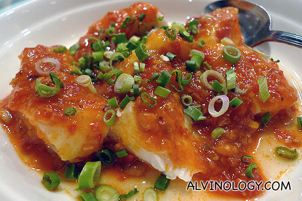 Steamed cod fish with chili chips
