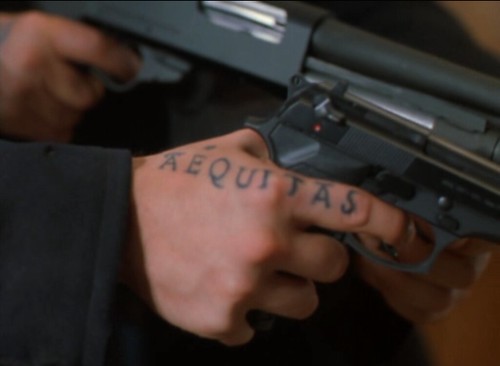 Aequitas justice in Latin hand tattoo guns Murphy MacManus played 