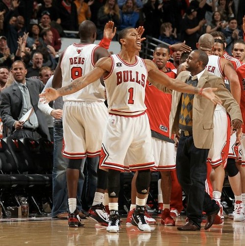 December 4th, 2010 - Derrick Rose celebrates after hitting a 3-pointer that tied the game against the Rockets, sending the game into overtime