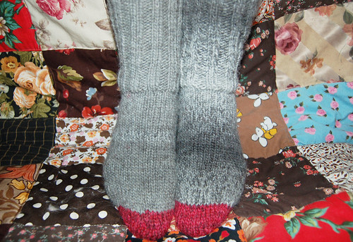 Gray socks with red heal