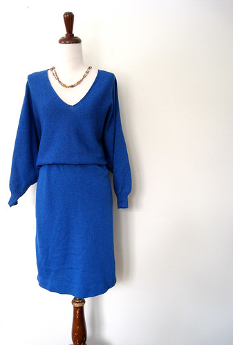 AZURE KNIT Plunging Batwing Sleeve Sweater Dress, 1980's
