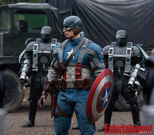 Thumb Photo of Chris Evans in full Captain America suit, including the helmet with wings