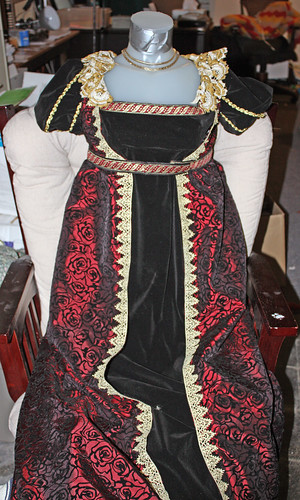 Burgundy and black regency gown