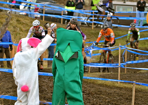 Easter Bunny and Gumby cheering racers on