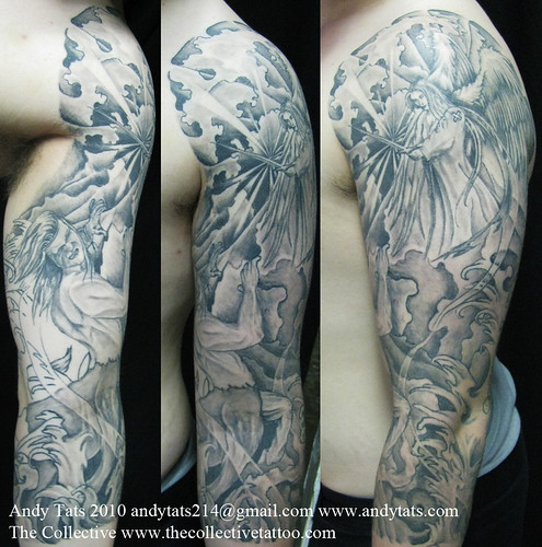 angel sleeve tattoo. gaurdian angel centaur sleeve