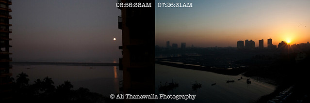 The setting moon and rising sun of Mumbai