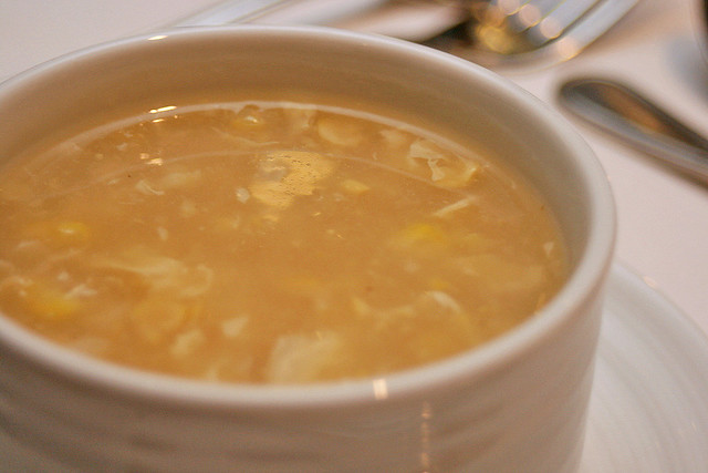 Sweet Corn Soup, loaded with chicken bites and crabmeat