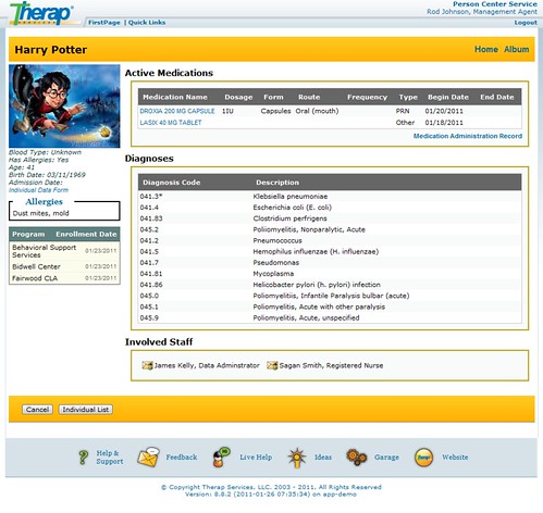 Screenshot of Individual Home Page showing Active Medications, Diagnoses & Involved Staff section