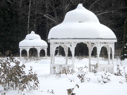 snow-covered gazebos