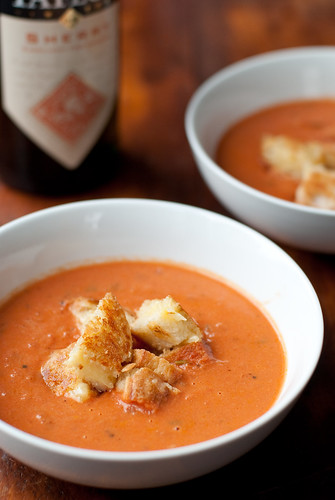 Sherried Tomato Soup with grilled cheese "croutons"