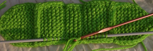 Green size 8 needles doubled WW RHSS Body top showing pu st from inside I cord on ws body and crochet hook picking up st