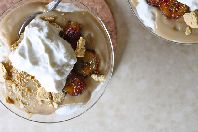 Butterscotch Pudding with Carmelized Bananas and Cream
