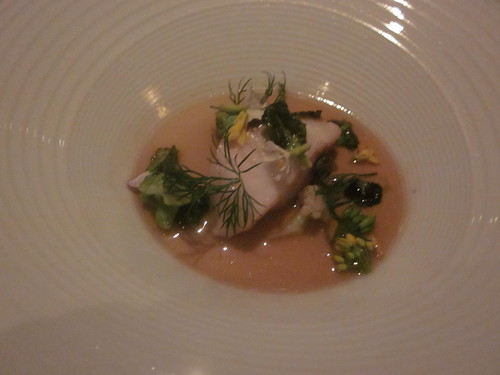 Manresa - Los Gatos, CA - Citrus Dinner - February 2011 - Black Cod, jus of bones and Beef Skin, Brassicas and Flowers with Ginger, Dill and Kabuso Citrus