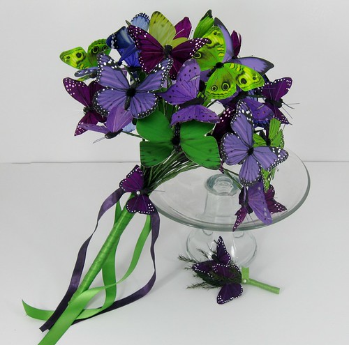 Purple and green artificial butterfly bridal bouquet