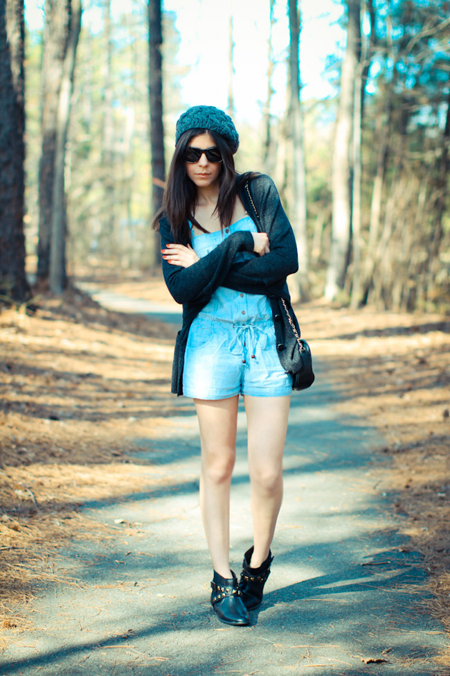Asos, Forever 21, Chambray romper, studded ankle boots, Cowboy boots