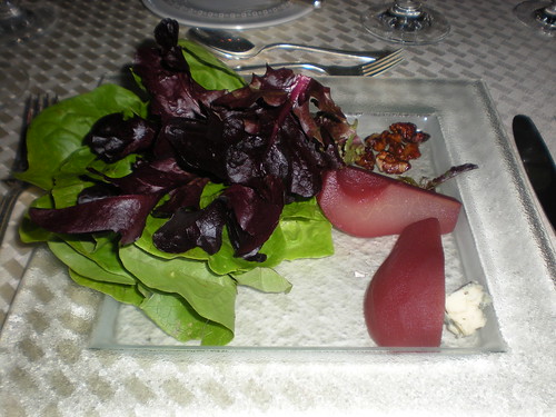 Butter lettuce salad with port infused pear