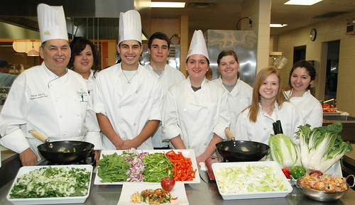 Students in Wendy McCuiston’s culinary arts class at Smithson Valley High School pose with Chartwells Executive Chef Ralph Garcia. Left to right are: Claudia Hernandez, Adam Alonso, Carlo Antoniolli, Amy Baker, Shelby Myrick, Caitlin Spring. Garcia was on campus as part of the Chefs Move to Schools program.  