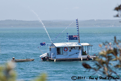 Australia Day - Nelson Bay. This sort of floating shed rounded Fly Point. Australia Day 2011 celebrations at Fly Point - Rotary Park, Nelson Bay.