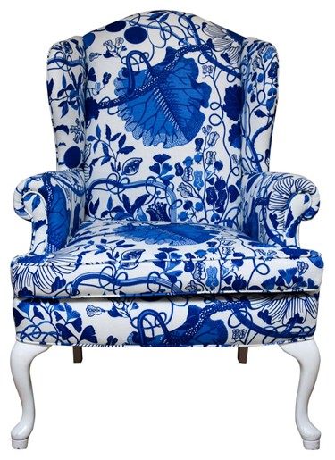 blue and white wingback vintage chair