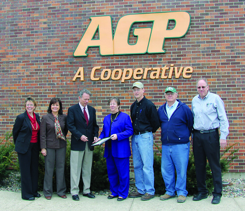 Plaque Presentation to Ag Processing Inc. for their production of advanced biodiesel fuels. Picture L-R: Iowa Area Director Theresa Jordison; South Dakota State Director Elsie Meeks; Senior Vice President John Campbell, Government Relations and Renewable Fuels;  Nebraska State Director Maxine Moul; Plant Operations Manager Lou Rickers, Soy Biodiesel; Director of Corn/Biodiesel Operations Darcy Ehmann; Nebraska Area Director Dale Wemhoff.